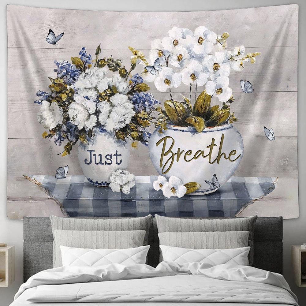 Just Breathe White Orchid Butterfly Tapestry Art - Bible Verse Wall Art - Wall Decor Christian