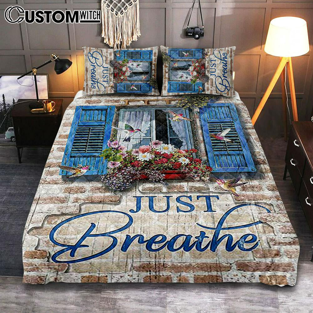 Just Breathe Window Flower Hummingbird Bedroom Quilt Bedding Set - Bible Verse Quilt Bedding Set Art - Christian Bedroom Home Decor