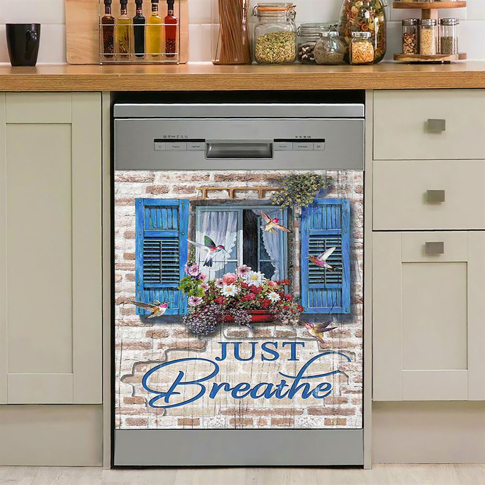 Just Breathe Window Flower Hummingbird Dishwasher Cover, Bible Verse Dishwasher Wrap, Christian Kitchen Decoration