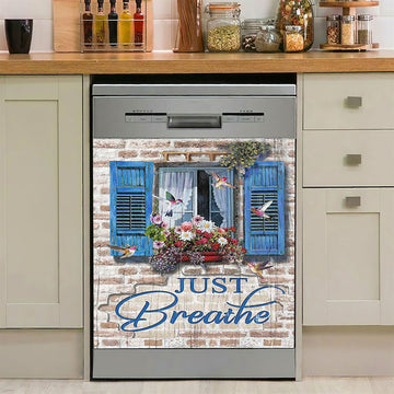 Just Breathe Window Flower Hummingbird Dishwasher Cover, Bible Verse Dishwasher Wrap, Christian Kitchen Decoration