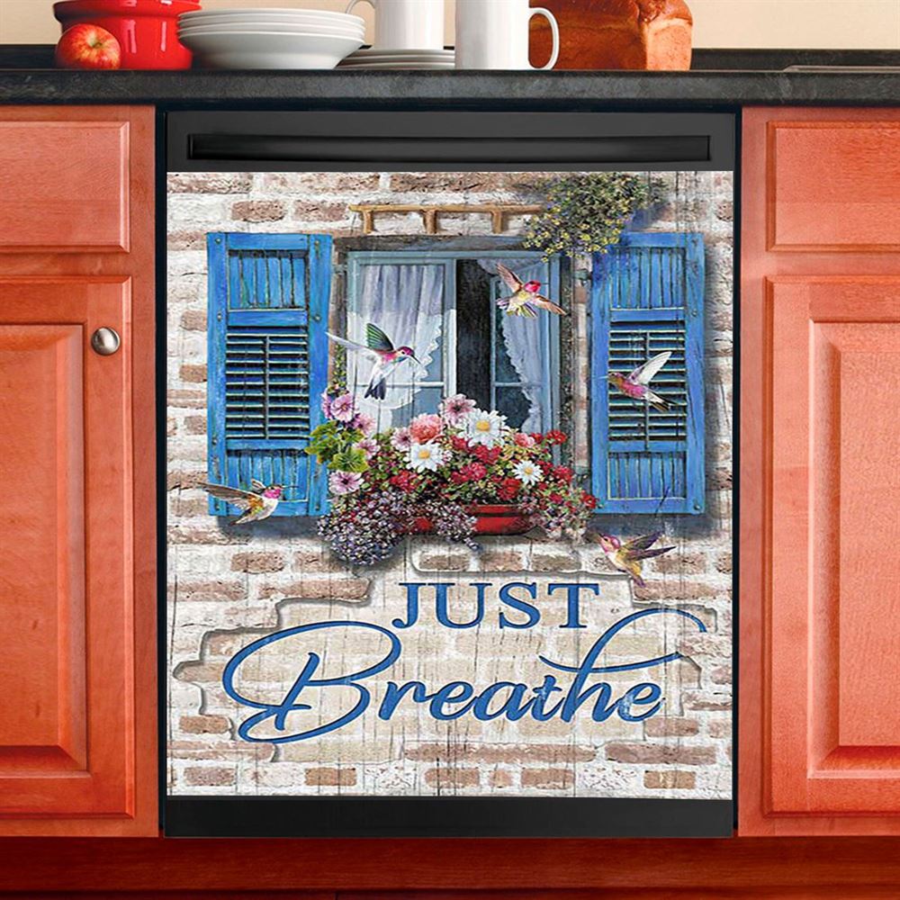Just Breathe Window Flower Hummingbird Dishwasher Cover, Bible Verse Dishwasher Wrap, Christian Kitchen Decoration