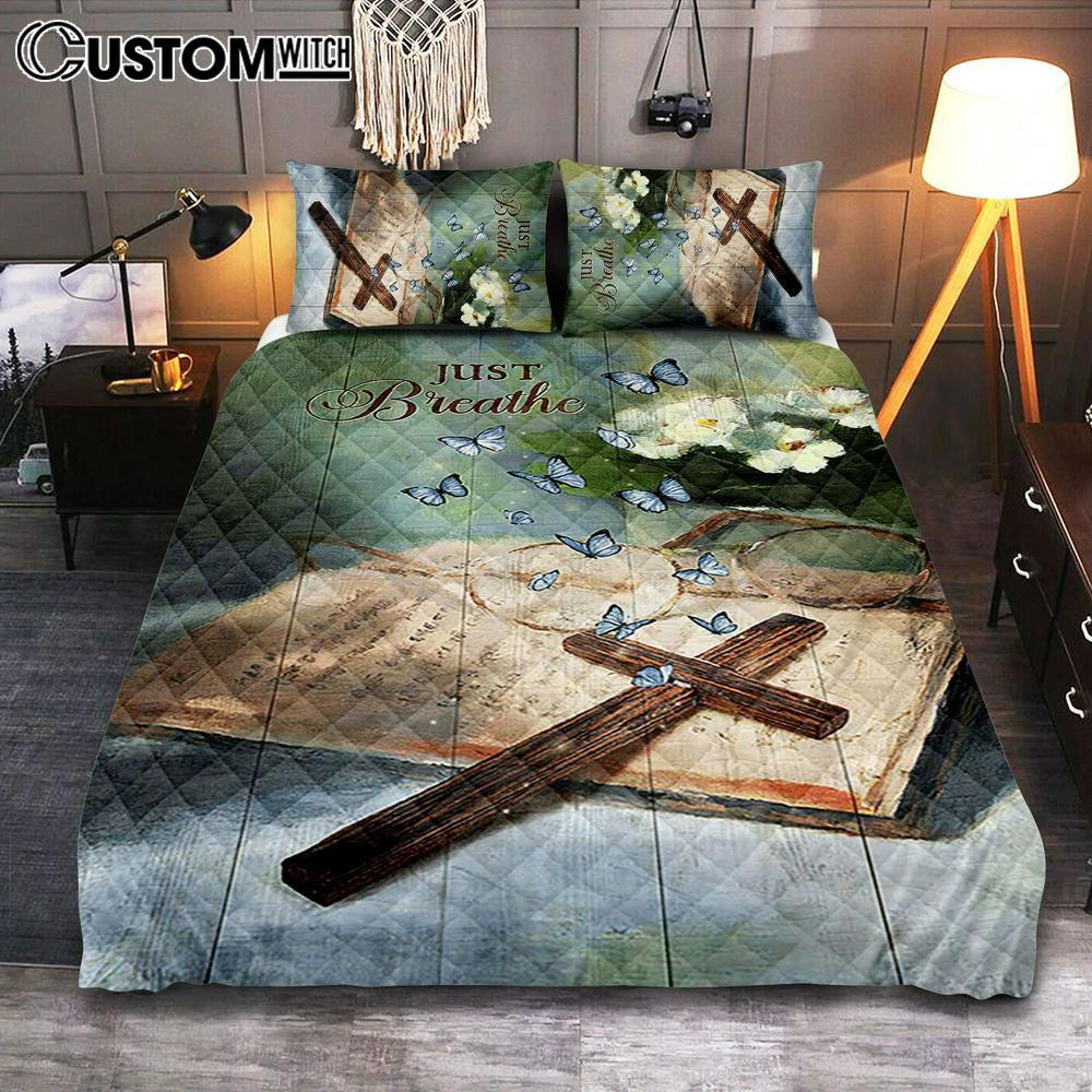 Just Breathe Wooden Cross Bible Quilt Bedding Set - Christian Bedroom - Religious Home Decor