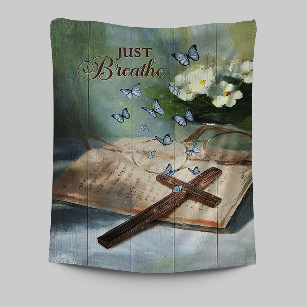 Just Breathe Wooden Cross Bible Tapestry - Christian Wall Art - Religious Home Decor