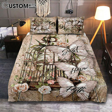 Just Have Faith Bird Cage White Butterfly Quilt Bedding Set Bedroom - Bible Verse Quilt Bedding Set Art - Christian Home Decor