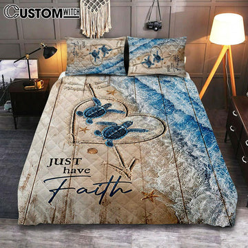 Just Have Faith Blue Turtle Quilt Bedding Set Bedroom - Bible Verse Quilt Bedding Set Art - Christian Home Decor
