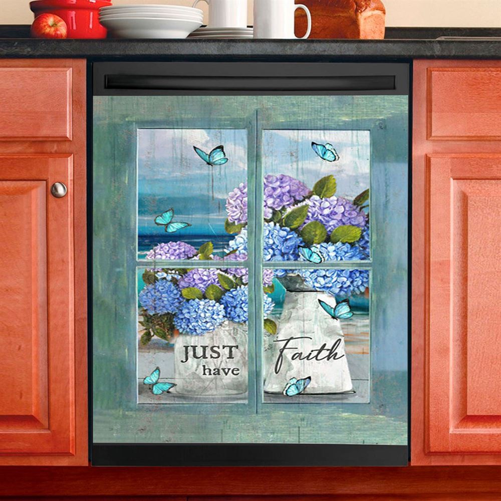 Just Have Faith Hydrangea Pretty Butterfly Dishwasher Cover, Bible Verse Dishwasher Wrap, Christian Kitchen Decoration