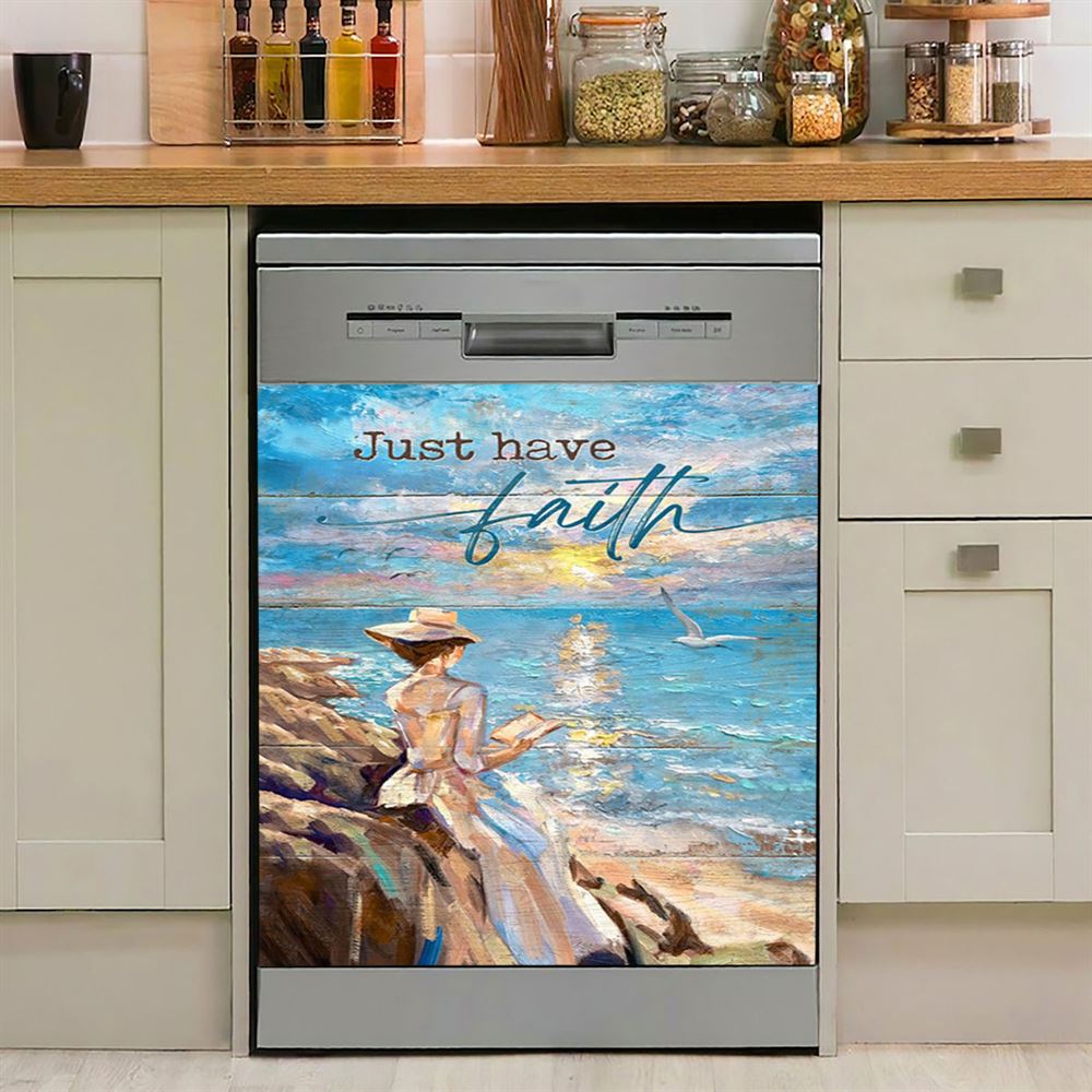 Just Have Faith Lady Reading Book Dishwasher Cover, Bible Verse Dishwasher Wrap, Christian Kitchen Decoration