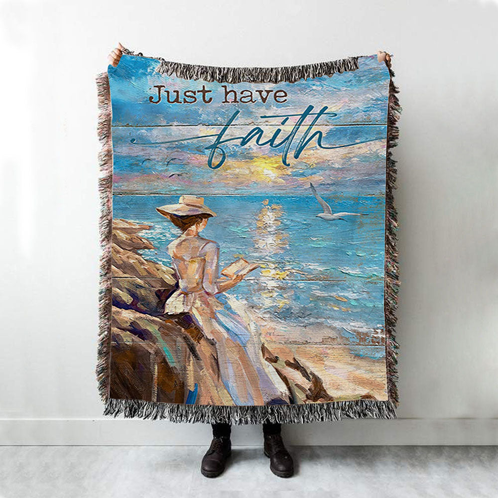 Just Have Faith Lady Reading Book Throw Blanket Woven Blanket - Bible Verse Woven Blanket Art - Christian Throw Blanket Home Decor