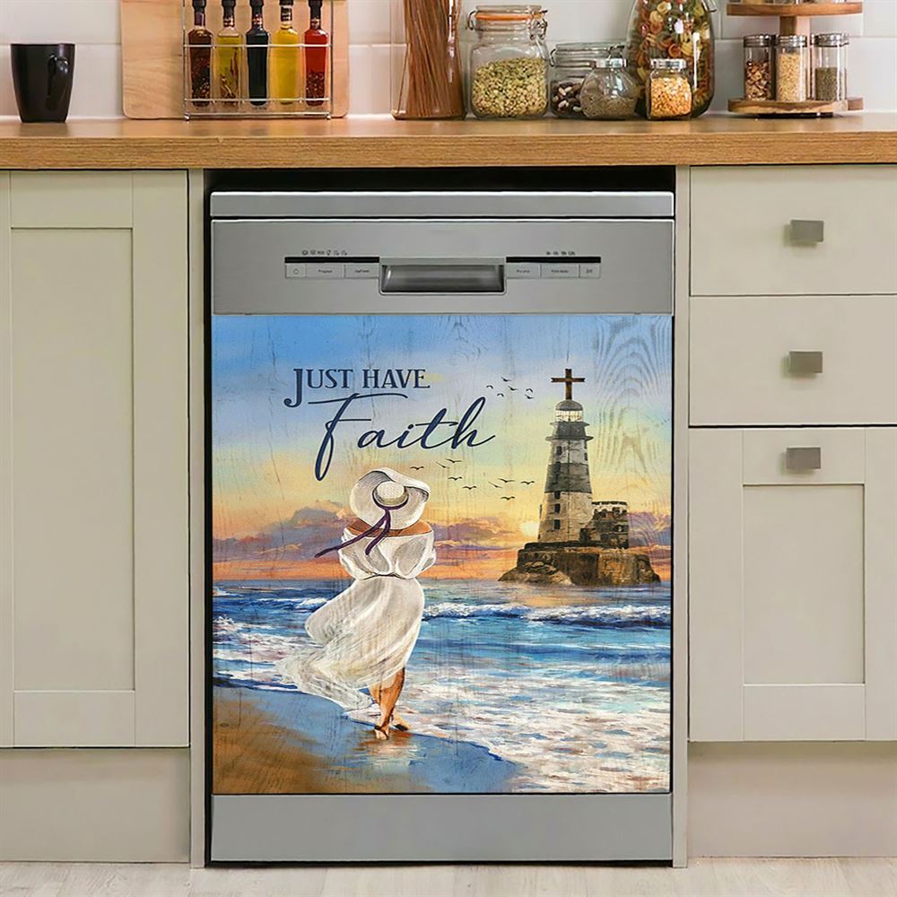 Just Have Faith Ocean Lighthouse Dishwasher Cover, Christian Dishwasher Wrap, Bible Verse Kitchen Decoration