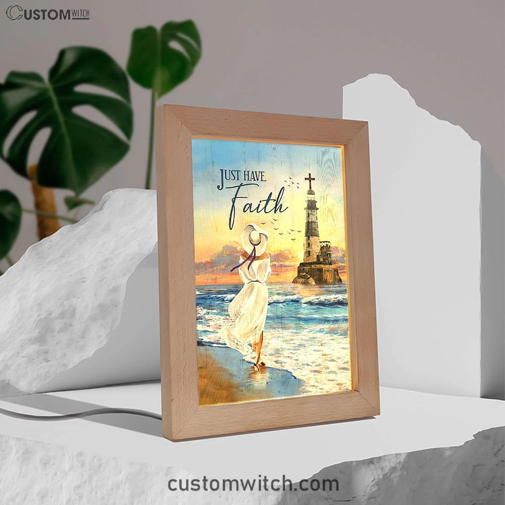 Just Have Faith Ocean Lighthouse Frame Lamp Art - Christian Night Light - Bible Verse Wooden Lamp