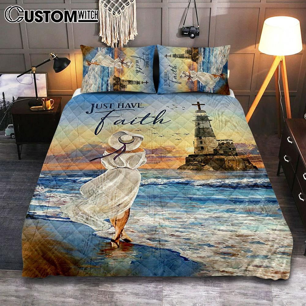 Just Have Faith Ocean Lighthouse Quilt Bedding Set Bedroom - Christian Quilt Bedding Set Prints - Bible Verse Quilt Bedding Set Art