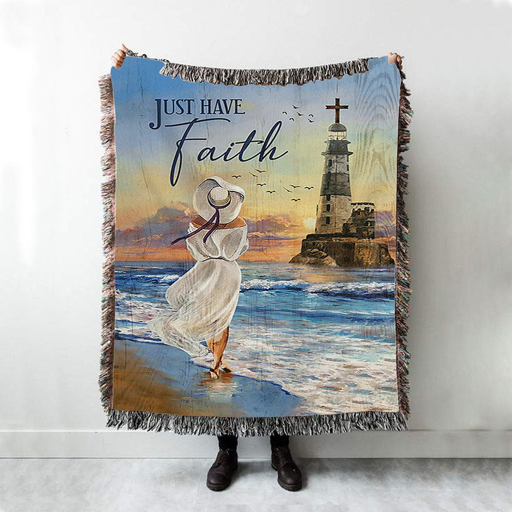 Just Have Faith Ocean Lighthouse Woven Throw Blanket - Christian Woven Blanket Prints - Bible Verse Woven Blanket Art