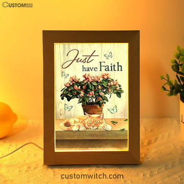 Just Have Faith Pink Flower Sleeping Cat Art Frame Lamp - Bible Verse Wooden Lamp - Christian Art Home Decor