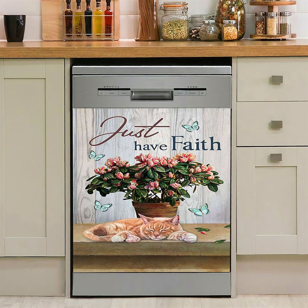 Just Have Faith Pink Flower Sleeping Cat Dishwasher Cover, Bible Verse Dishwasher Wrap, Christian Kitchen Decoration