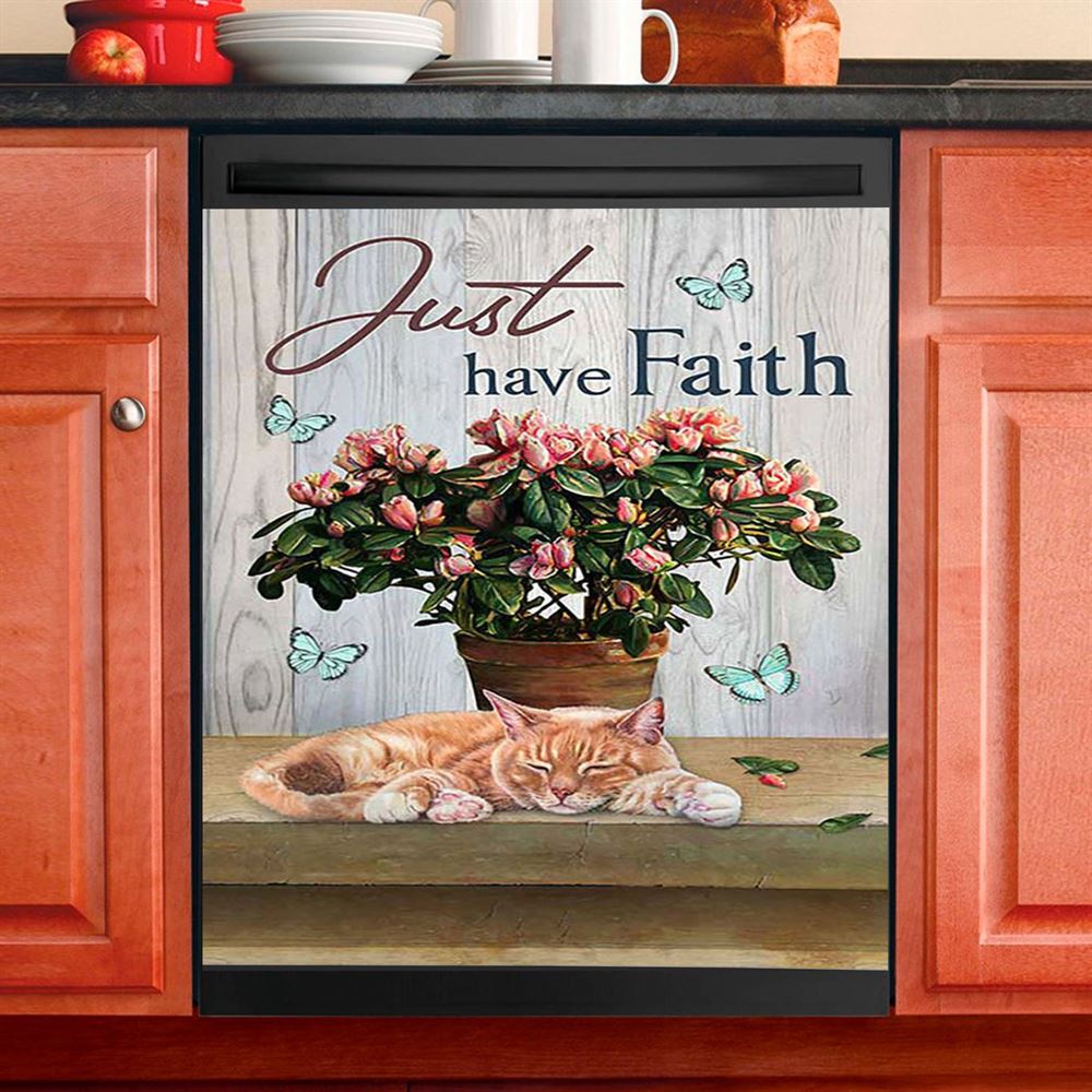 Just Have Faith Pink Flower Sleeping Cat Dishwasher Cover, Bible Verse Dishwasher Wrap, Christian Kitchen Decoration