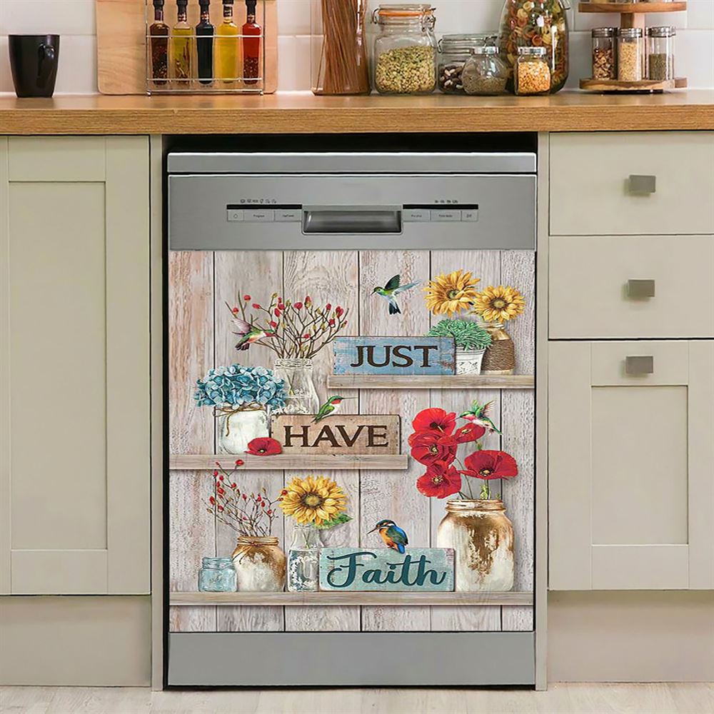 Just Have Faith Poppy Sunflower Hummingbird Dishwasher Cover, Bible Verse Dishwasher Wrap, Christian Kitchen Decoration