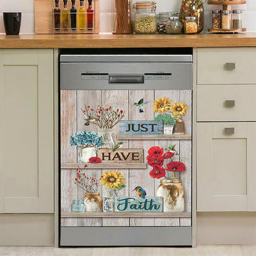 Just Have Faith Poppy Sunflower Hummingbird Dishwasher Cover, Bible Verse Dishwasher Wrap, Christian Kitchen Decoration