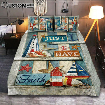 Just Have Faith Pretty Lighthouse Ocean Bedroom Quilt Bedding Set - Bible Verse Quilt Bedding Set Art - Christian Bedroom Home Decor