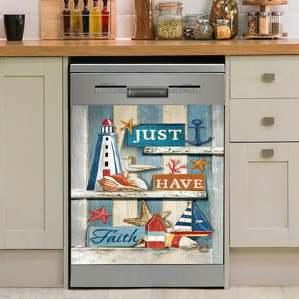 Just Have Faith Pretty Lighthouse Ocean Dishwasher Cover, Bible Verse Dishwasher Wrap, Christian Kitchen Decoration