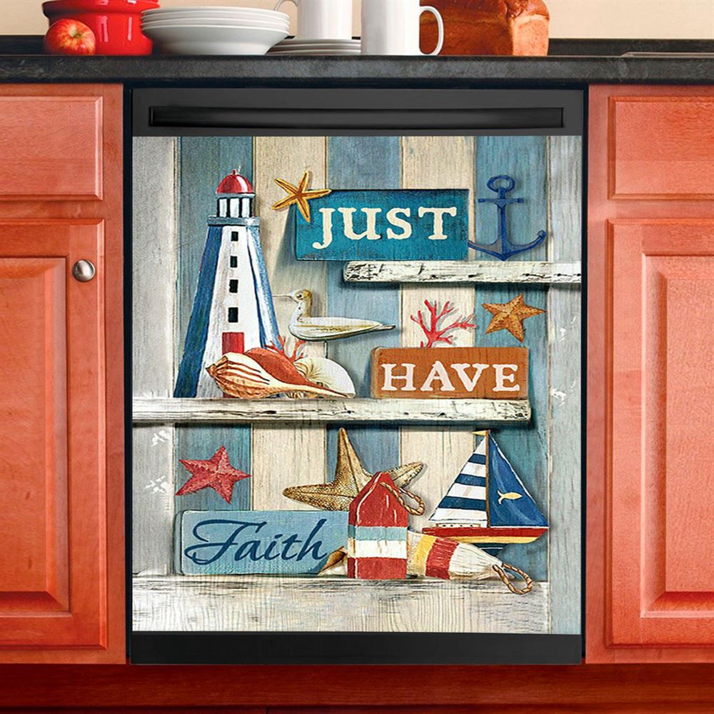 Just Have Faith Pretty Lighthouse Ocean Dishwasher Cover, Bible Verse Dishwasher Wrap, Christian Kitchen Decoration