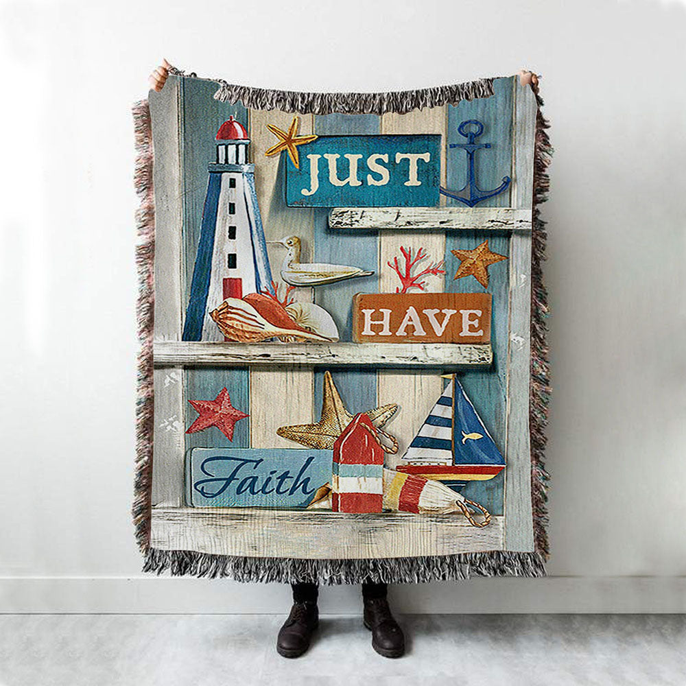 Just Have Faith Pretty Lighthouse Ocean Throw Blanket Woven Blanket - Bible Verse Woven Blanket Art - Christian Throw Blanket Home Decor