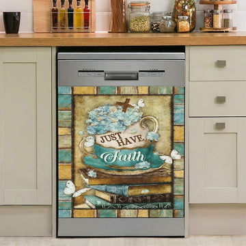 Just Have Faith Tea Cup Book Butterfly Dishwasher Cover, Christian Dishwasher Wrap, Bible Verse Kitchen Decoration