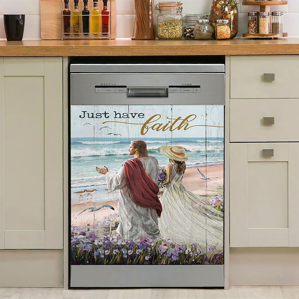 Just Have Faith Walk With Jesus Blue Ocean Dishwasher Cover, Christian Dishwasher Wrap, Bible Verse Kitchen Decoration