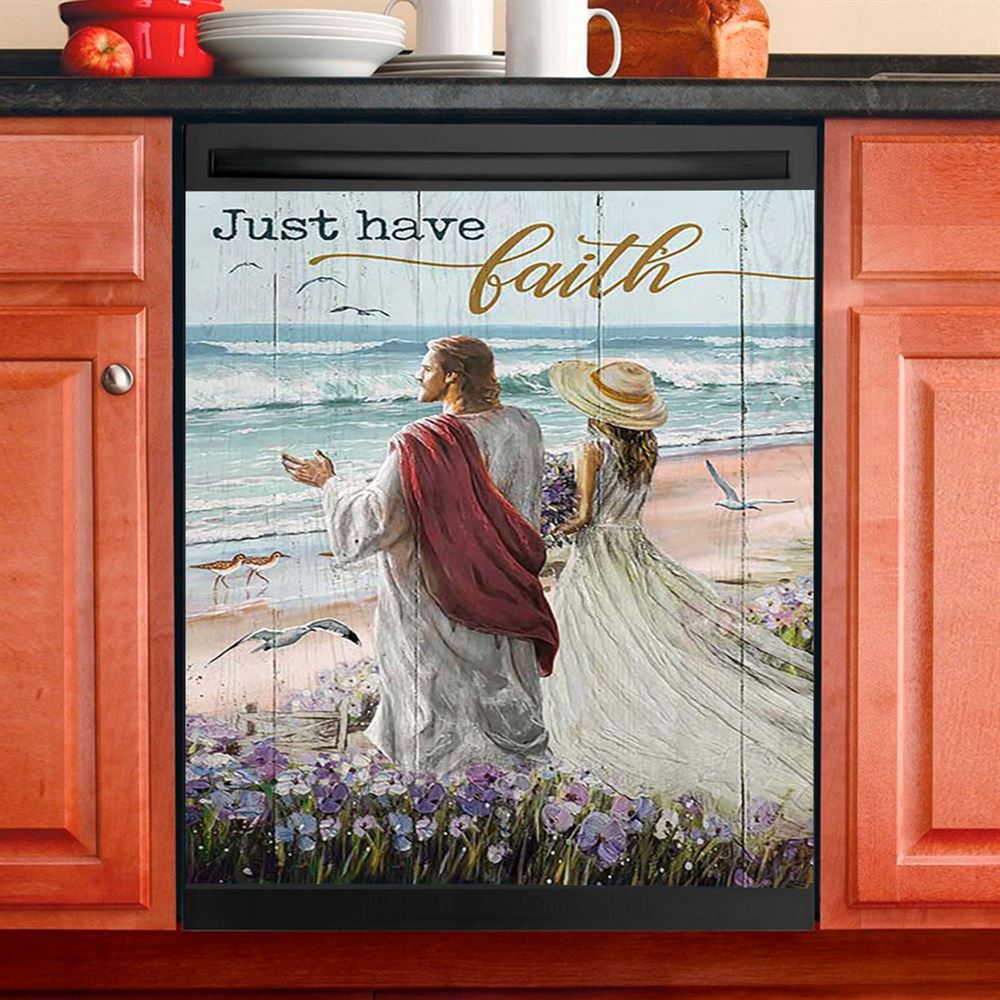 Just Have Faith Walk With Jesus Blue Ocean Dishwasher Cover, Christian Dishwasher Wrap, Bible Verse Kitchen Decoration