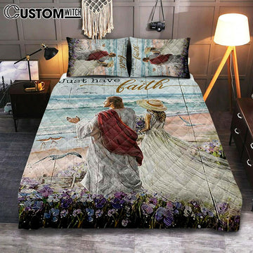 Just Have Faith Walk With Jesus Blue Ocean Quilt Bedding Set Bedroom - Christian Quilt Bedding Set Prints - Bible Verse Quilt Bedding Set Art