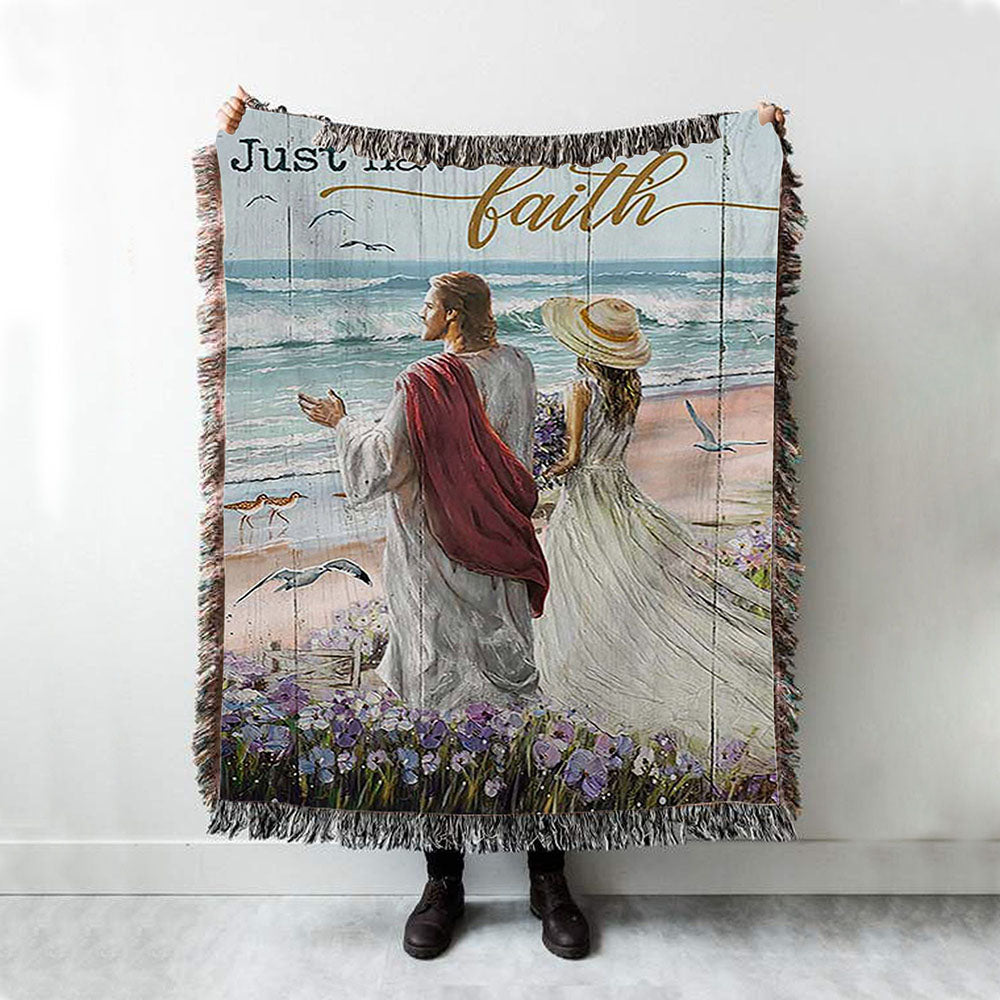 Just Have Faith Walk With Jesus Blue Ocean Woven Throw Blanket - Christian Woven Blanket Prints - Bible Verse Woven Blanket Art