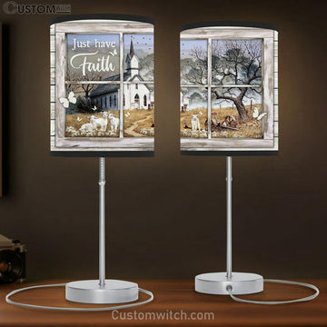 Just Have Faith White Church Sheep Butterfly Large Table Lamp - Christian Table Lamp Prints - Religious Table Lamp Art
