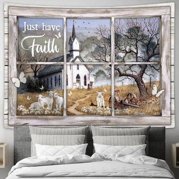 Just Have Faith White Church Sheep Butterfly Large Tapestry - Christian Tapestry Prints - Religious Tapestry Art