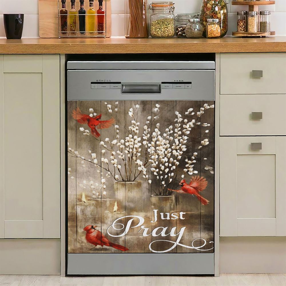 Just Pray Red Cardinal Candle God Dishwasher Cover, Christian Dishwasher Wrap, Bible Verse Kitchen Decoration