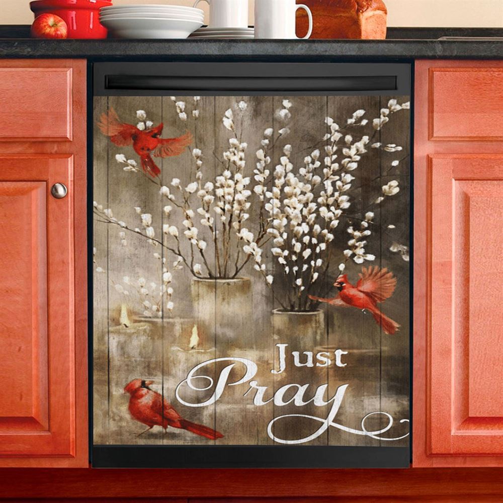 Just Pray Red Cardinal Candle God Dishwasher Cover, Christian Dishwasher Wrap, Bible Verse Kitchen Decoration