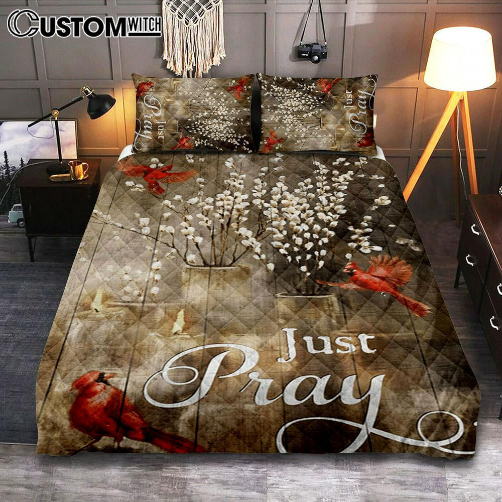 Just Pray Red Cardinal Candle God Quilt Bedding Set Prints - Christian Cover Twin Bedding Decor - Bible Verse Quilt Bedding Set Art