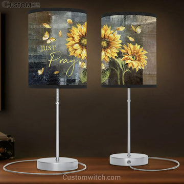 Just Pray Sunflower Yellow Butterfly Table Lamp Art - Bible Verse Lamp Gift - Christian Bedroom Decor