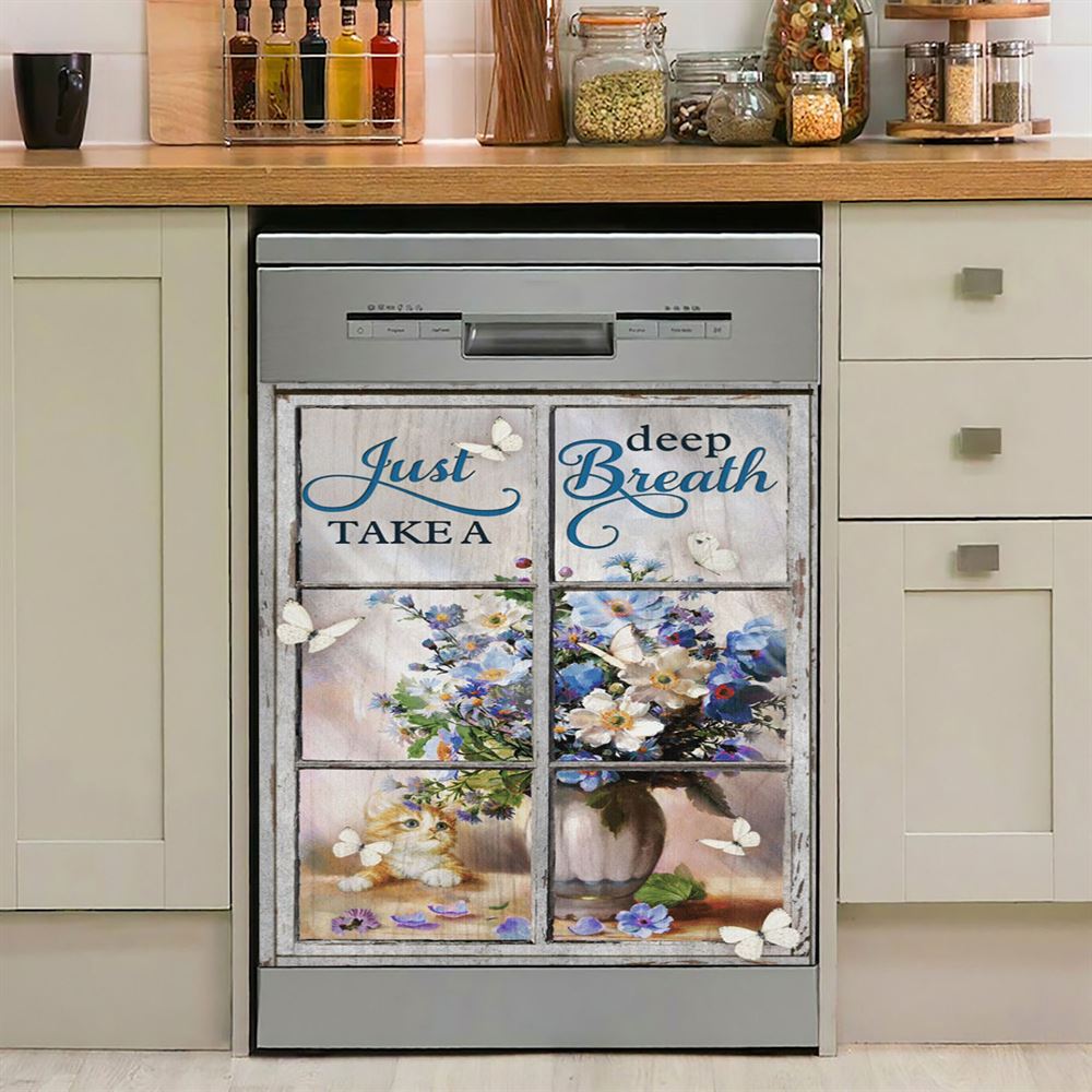 Just Take A Deep Breath Flower Butterfly Cat Dishwasher Cover, Christian Dishwasher Wrap, Bible Verse Kitchen Decoration