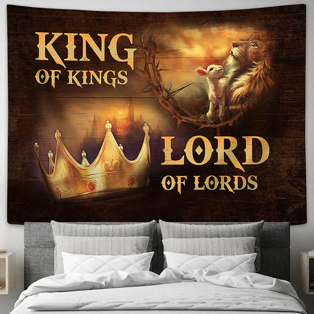 King Of Kings Lord Of Lords Tapestry - Golden Crown Jesus Lion And Lamb Tapestry Art - Christian Wall Art Decor - Bible Verse Tapestry