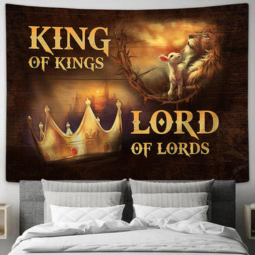 King Of Kings Lord Of Lords Tapestry - Golden Crown Jesus Lion And Lamb Tapestry Art - Christian Wall Art Decor - Bible Verse Tapestry