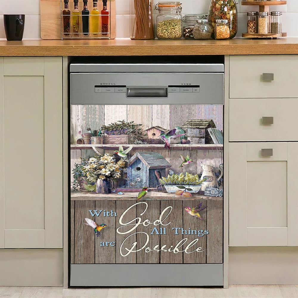 Kitchen Flowers Hummingbird With God All Things Are Possible Dishwasher Cover, Christian Dishwasher Wrap, Bible Verse Kitchen Decoration