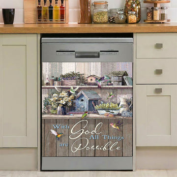 Kitchen Flowers Hummingbird With God All Things Are Possible Dishwasher Cover, Christian Dishwasher Wrap, Bible Verse Kitchen Decoration