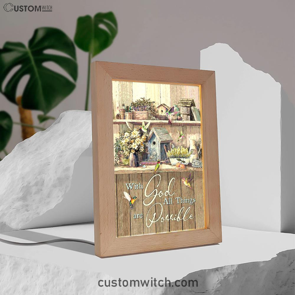 Kitchen Flowers Hummingbird With God All Things Are Possible Frame Lamp Art - Christian Art - Bible Verse Art - Religious Home Decor