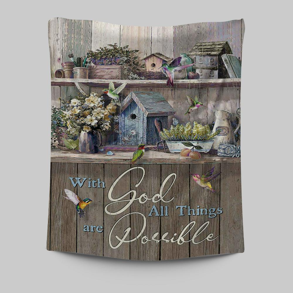 Kitchen Flowers Hummingbird With God All Things Are Possible Tapestry Art - Christian Art - Bible Verse Wall Art - Religious Home Decor