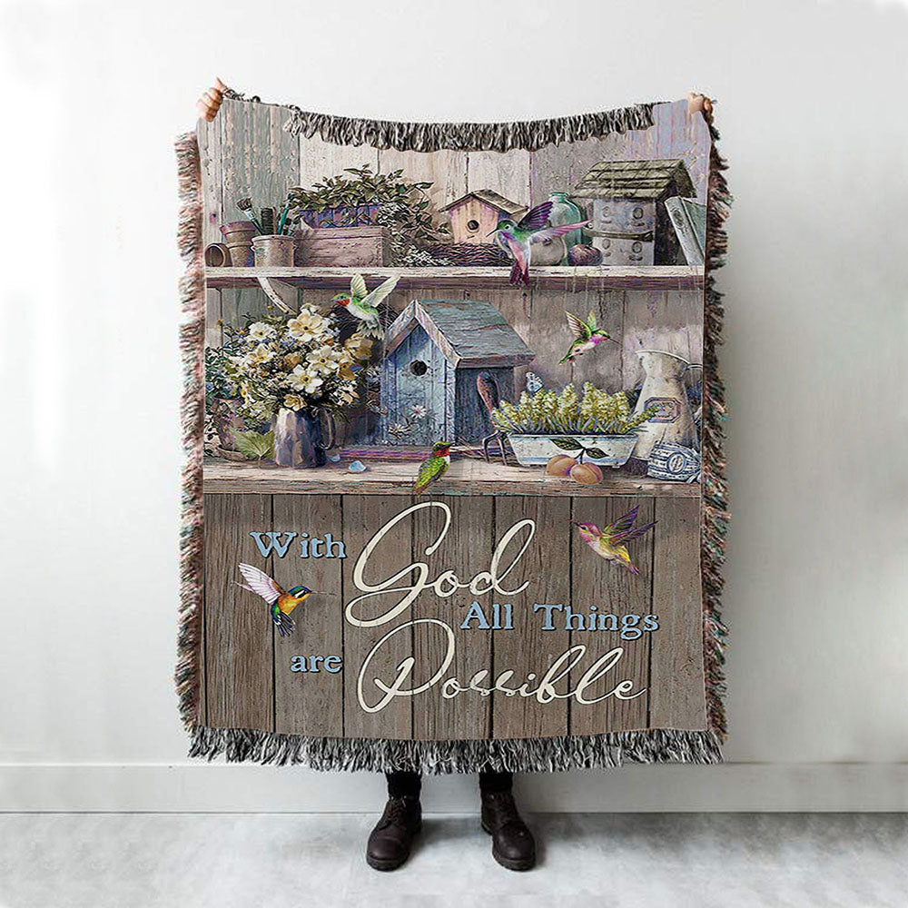 Kitchen Flowers Hummingbird With God All Things Are Possible Woven Blanket Art - Christian Art - Bible Verse Throw Blanket - Religious Home Decor