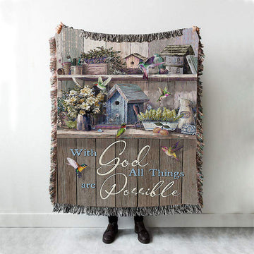 Kitchen Flowers Hummingbird With God All Things Are Possible Woven Blanket Art - Christian Art - Bible Verse Throw Blanket - Religious Home Decor
