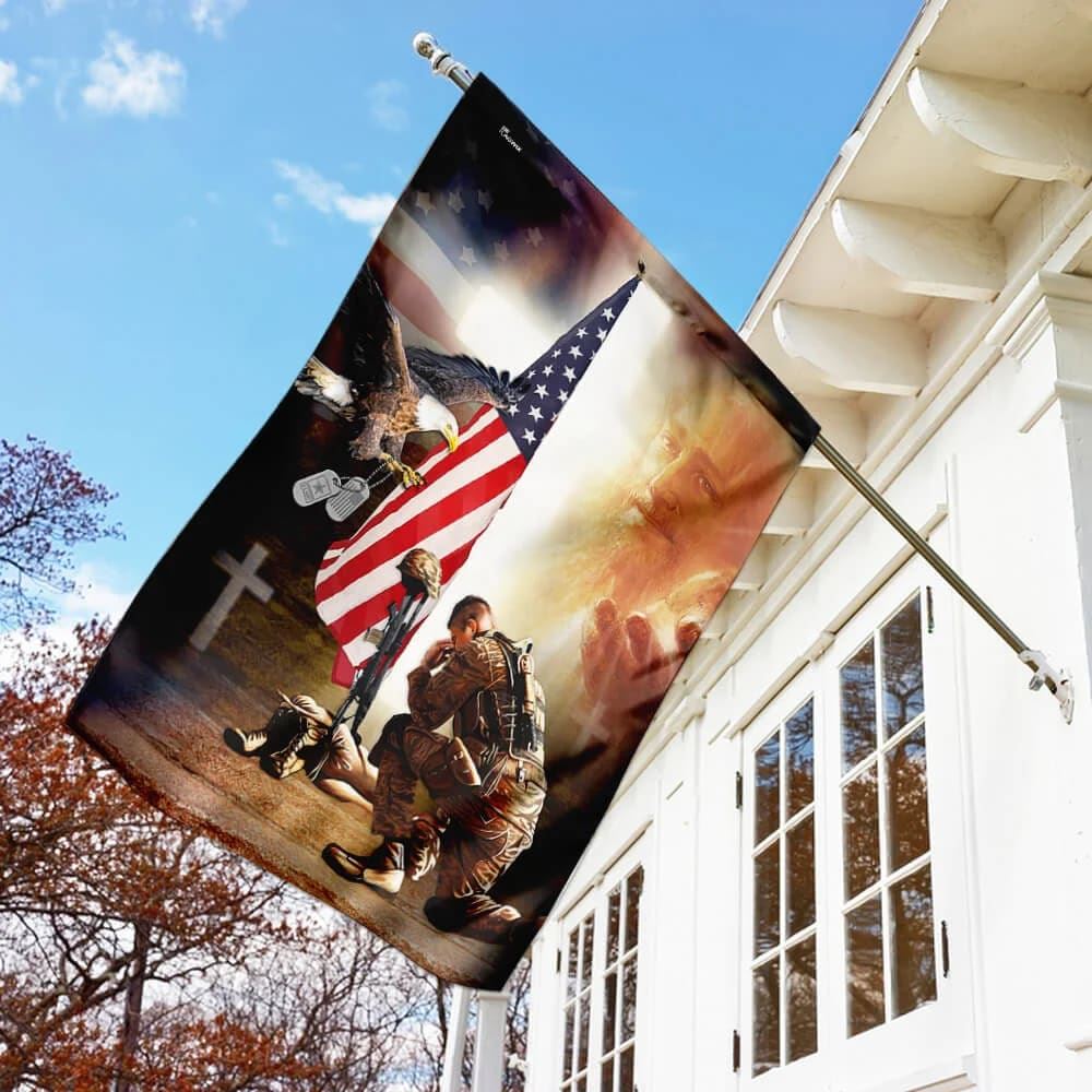 Kneel Before Jesus And Soldier&#39;s Cross House Flags, Christian Flag, Scripture Flag, Garden Banner