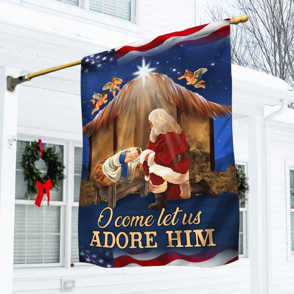 Kneeling Santa Flag O Come Let Us Adore Him Flag, Christian Christmas House Flag, Christmas Outdoor Decor Ideas