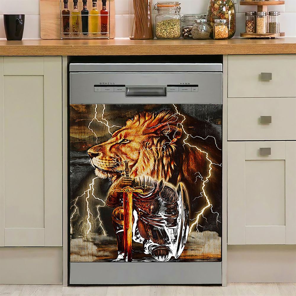Knight Kneel In Front Of Lion Jesus Christ Warrior Dishwasher Cover, Christian Dishwasher Wrap, Religious Kitchen Decoration