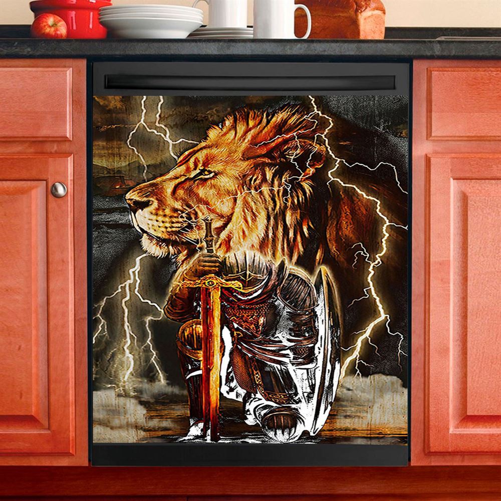 Knight Kneel In Front Of Lion Jesus Christ Warrior Dishwasher Cover, Christian Dishwasher Wrap, Religious Kitchen Decoration