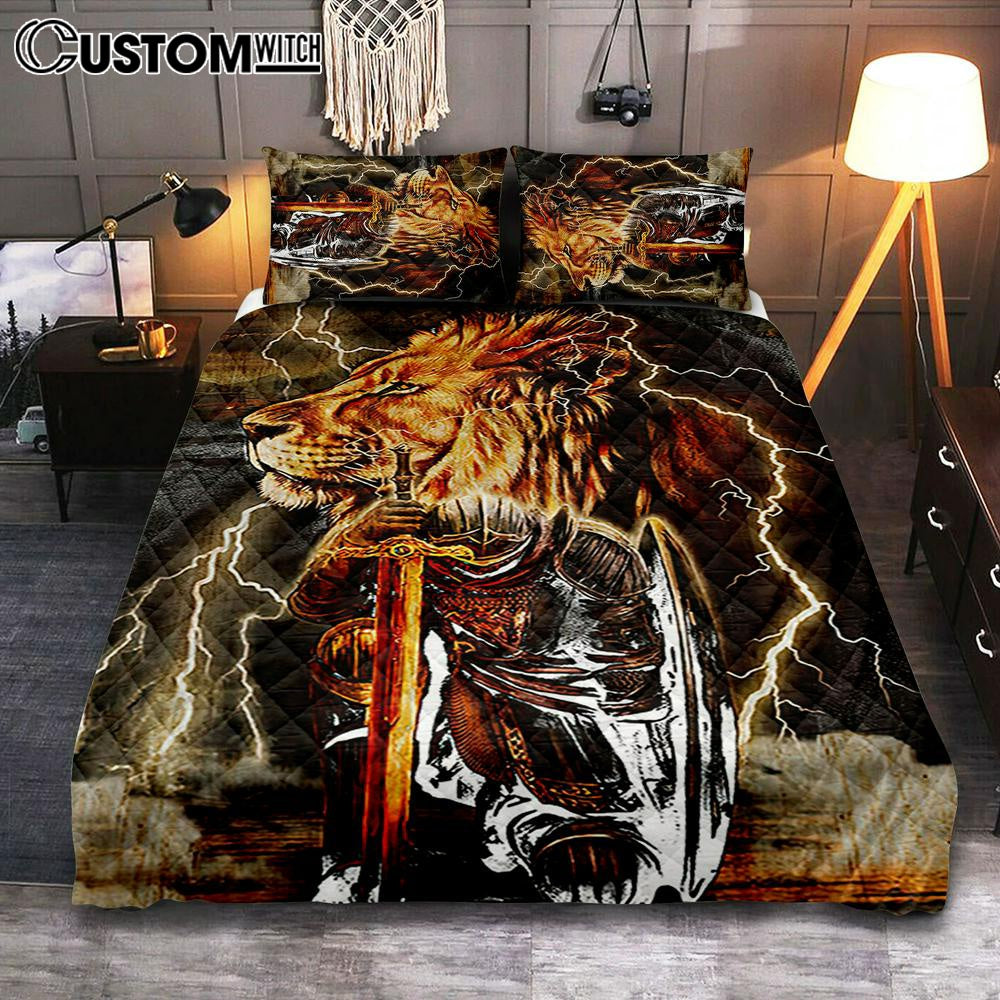 Knight Kneel In Front Of Lion Jesus Christ Warrior Quilt Bedding Set Bedroom - Christian Home Decor - Religious Art